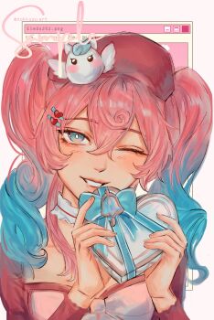 Rule 34 | 1girl, ;), aqua hair, box, breasts, cleavage, commentary, hair ornament, hairclip, hat, heart, heart-shaped box, highres, holding, holding heart, honkai: star rail, honkai (series), hyacine (honkai: star rail), little ica (honkai: star rail), looking at viewer, medium breasts, multicolored hair, nokkusuart, one eye closed, pink hair, red hat, sample watermark, smile, solo, twintails, twitter username, two-tone hair, upper body, watermark