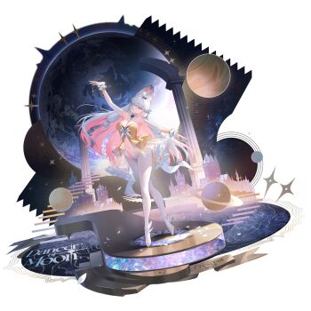 1girl animal_ear_fluff animal_ears black_bow black_bowtie bow bowtie breasts cleavage clothing_request colored_inner_animal_ears colored_inner_hair english_text frilled_wrist_cuffs frills full_body game_asset globe hair_between_eyes high_heels highres large_breasts long_hair moona_(oath)_(poker_fate) moona_(poker_fate) multicolored_hair navel non-web_source official_alternate_costume pantyhose pink_hair planet poker_fate rabbit_ears rabbit_girl red_eyes saturn_(planet) shoes sideboob silver_shoes solo star_(sky) star_(symbol) starry_sky_background tiptoes transparent_background very_long_hair white_hair white_pantyhose white_wrist_cuffs wrist_cuffs