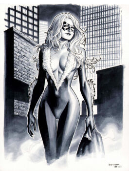 1girl black_cat_(marvel) breasts brick_wall city cleavage commentary cowboy_shot domino_mask english_commentary eye_mask felicia_hardy fur-trimmed_bodysuit greyscale jim_cheung linea_alba long_hair looking_at_viewer marvel mask monochrome plunging_neckline smile solo spider-man_(series) superhero_costume third-party_source western_comics_(style)