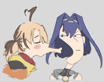 2girls :| ahoge blue_eyes blush_stickers brown_hair chain chain_headband closed_eyes closed_mouth commentary cropped_shoulders derivative_work english_commentary furrowed_brow gigi_murin gigi_murin_(1st_costume) grey_background hair_intakes hololive hololive_english hood hood_down hooded_shrug imminent_kiss looking_at_another multicolored_hair multiple_girls np_mango orange_shrug ouro_kronii ouro_kronii_(1st_costume) puckered_lips shrug_(clothing) simple_background two-tone_hair v-shaped_eyebrows virtual_youtuber yuri