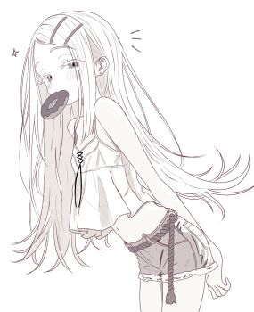 1girl blush camisole commentary_request donut flat_chest food gakuen_idolmaster greyscale highres idolmaster long_hair looking_at_viewer monochrome mouth_hold navel shinosawa_hiro shorts shubashuba simple_background solo