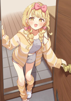 1girl animal_slippers bear_slippers blonde_hair blush bow braid breasts collarbone commentary_request dot_nose eyelashes fujita_kotone gakuen_idolmaster grey_shirt grey_shorts hair_bow highres idolmaster jacket leg_warmers legs long_hair long_sleeves looking_at_viewer low_twin_braids messy_hair monobe_tsukuri open_clothes open_jacket open_mouth opening_door pink_bow shirt shorts sidelocks slippers small_breasts solo sweat tank_top thighs twin_braids wooden_floor yellow_eyes yellow_jacket yellow_leg_warmers