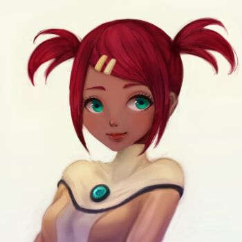 1girl akycoo dark-skinned_female dark_skin dress female_focus green_eyes hair_ornament hairclip long_sleeves red_hair sari_sumdac short_twintails smile solo transformers transformers_animated twintails white_background