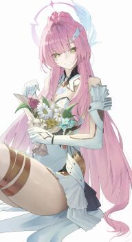 1girl absurdres aemeath_(wuthering_waves) ahoge bare_shoulders bouquet breasts cleavage commentary elbow_gloves english_commentary flower gloves hair_intakes hair_ornament highres holding holding_bouquet leotard long_hair looking_at_viewer medium_breasts pink_hair ponytail rakizuuu showgirl_skirt simple_background skirt smile solo star-shaped_pupils star_(symbol) symbol-shaped_pupils thighs very_long_hair white_background white_gloves white_leotard white_skirt wuthering_waves yellow_eyes