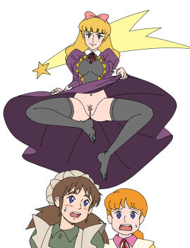 3girls becky_(princess_sarah) blonde_hair blue_eyes blush bow breasts brown_hair character_request clothes_lift collar dress dress_lift flashing freckles frills hair_bow hair_ornament highres large_breasts lavinia_herbert lifting_own_clothes long_sleeves looking_at_viewer medium_breasts multiple_girls navel necktie nippon_animation no_panties no_shoes omosiro orange_hair pink_bow presenting princess_sarah pubic_hair puffy_sleeves pulling purple_dress pussy shooting_star shooting_star_(symbol) simple_background smile sparse_pubic_hair spread_legs star_(symbol) surprised sweatdrop thighhighs uncensored upskirt white_background world_masterpiece_theater worried