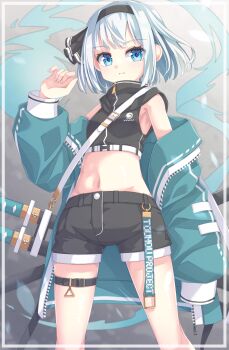 1girl alternate_costume belt black_hairband black_shorts blue_eyes border breasts closed_mouth commentary_request green_jacket grey_hair hairband highres hitodama hitodama_print inset_border jacket katana konpaku_youmu konpaku_youmu_(ghost) looking_at_viewer medium_hair midriff navel open_clothes open_jacket sheath sheathed shorts small_breasts solo stomach sword thigh_belt thigh_strap touhou uumaru weapon white_border zipper_pull_tab