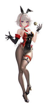 1girl absurdres animal_ear_hairband animal_ears asymmetrical_gloves black_gloves black_leotard black_pantyhose breasts detached_collar dice elbow_gloves fake_animal_ears full_body gloves hairband high_heels highres holding holding_dice honkai:_star_rail honkai_(series) leotard looking_at_viewer medium_breasts multicolored_leotard necktie pantyhose parted_lips playboy_bunny purple_eyes rabbit_ear_hairband rabbit_ears red_hair red_necktie sicle side-tie_leotard simple_background single_elbow_glove solo strapless strapless_leotard topaz_(honkai:_star_rail) two-tone_leotard white_background white_hair