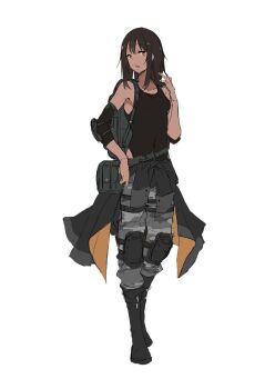 Rule 34 | 1girl, arm up, armpits, bag, black hair, black vest, boots, camouflage, camouflage pants, clothes around waist, crossed legs, dark skin, double-parted bangs, elbow sleeve, full body, hand on own hip, highres, holding, holding bag, kaneshiro sakura, knee guards, medium hair, mogumo, pants, sidelocks, sideways glance, simple background, standing, tokoshie bullet, vest, waist bag, white background, yellow eyes