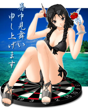 1girl amagami bikini black_bikini black_eyes black_hair breasts cleavage dart dartboard female_focus keito medium_breasts photo_background polka_dot polka_dot_bikini polka_dot_swimsuit sandals shochuumimai solo sunglasses swimsuit tanamachi_kaoru