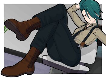 1girl ahoge androgynous ass asymmetrical_bangs black_necktie black_pants boots border breasts bright_pupils brown_boots closed_mouth collared_shirt commentary_request crossed_legs green_hair lol_(harikofu) long_hair necktie nintendo on_bench pants pokemon pokemon_sv ponytail red_eyes reverse_trap rika_(pokemon) shirt small_breasts suspenders white_border white_pupils