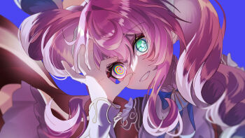 1girl absurdres alternate_eye_color aqua_eyes blue_background bow commentary_request evil_grin evil_smile green_eyes grin hand_up heterochromia highres honkai:_star_rail honkai_(series) hyacine_(honkai:_star_rail) long_hair long_sleeves looking_at_viewer multicolored_eyes oekakidekinai1 pink_eyes pink_hair portrait ringed_eyes simple_background smile solo split_screen split_theme twintails