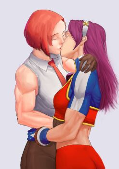 2girls asamiya_athena breasts closed_eyes dress female_focus formal_clothes gloves hairband highres hug kiss long_hair m4ct0r_nsfw medium_breasts multiple_girls muscular muscular_female pale_skin pants purple_hair red_hair shirt short_hair small_breasts star_(symbol) the_king_of_fighters thick_thighs thighs vanessa_(kof) white_shirt wide_hips yuri