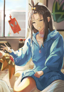 1girl absurdres blue_hoodie blurry bright_pupils brown_eyes choker commentary_request cube_hair_ornament day depth_of_field earclip gen_1_pokemon gen_4_pokemon grin hair_ornament highres hood hood_down hoodie indoors leggings leom lida_(pokemon) long_hair looking_down musical_note nintendo poke_ball poke_ball_(basic) pokemon pokemon_(creature) pokemon_legends:_z-a rotom rotom_phone sidelocks sitting smile staryu teeth white_pupils window