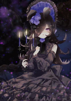 Rule 34 | 1girl, alternate costume, animal ears, black bow, black bowtie, black dress, black hair, blue bonnet, blue flower, blue rose, bonnet, bow, bowtie, candelabra, candlelight, candlestand, commentary, cowboy shot, detached sleeves, dress, flipped hair, flower, frilled bonnet, frilled dress, frilled shirt collar, frills, gothic lolita, hair flower, hair ornament, hair over one eye, hands up, highres, holding candlestand, horse ears, horse girl, lolita fashion, long hair, long sleeves, looking at viewer, monokage (mattari suru go), one eye covered, open mouth, purple eyes, rice shower (umamusume), rose, sleeveless, sleeveless dress, solo, umamusume