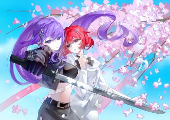 2girls absurdres alternate_costume artist_self-insert black_bow black_bowtie black_bra black_gloves black_jacket black_skirt blue_sky blunt_bangs bow bowtie bra branch cherry_blossoms chinese_commentary cloud cloudy_sky collared_jacket commentary_request commission commissioner_insert contemporary couple cropped_jacket floating formal_clothes genshin_impact gloves hair_flowing_over hair_ornament hair_up hairclip head_tilt heterochromia high_collar high_ponytail highres holding holding_sword holding_weapon hug_from_side jacket katana leaning_on_person leaning_to_the_side leather leather_jacket long_hair long_sleeves looking_at_viewer looking_to_the_side mole mole_under_eye multiple_girls oc_x_canon original outdoors pants parted_lips ponytail purple_eyes raiden_shogun reaching reaching_towards_viewer shade skirt sky standing stomach suit suit_jacket sword tree underwear upper_body weapon white_pants white_suit yilinglaozu121 yuri