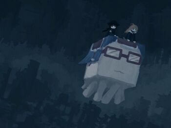 2girls :3 ahoge black_eyes black_hair blonde_hair brodie_helmet chito_(shoujo_shuumatsu_ryokou) coat combat_helmet creature dim_lighting doukutsu_monogatari floating_hair flying from_below fur-trimmed_coat fur_trim ghast glasses green_coat happy_ghast helmet highres kayawva kneeling long_sleeves military_uniform minecraft multiple_girls ponytail riding scene_reference shoujo_shuumatsu_ryokou yuuri_(shoujo_shuumatsu_ryokou)