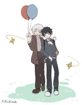 Rule 34 | 2boys, :d, absurdres, akinashi haru, bag, balloon, black pants, black shoes, blackseek, blue sweater, blush, brown jacket, brown pants, brown shoes, casual, closed eyes, food, full body, grass, grey sweater, highres, ice cream, jacket, lapels, limp wrist, male focus, multiple boys, on ground, open mouth, pants, ribbed sweater, saihate eki, shoes, shopping bag, simple background, smile, sneakers, standing, sweater, tatsunami shion, turtleneck, turtleneck sweater, white background