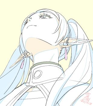 1girl artist_name capelet color_trace commentary_request dated earrings elf eyelashes frieren hair_over_shoulder head_back highres iseki_shuuichi jewelry long_pointy_ears looking_up meme parted_bangs pointy_ears production_art shirt signature simple_background smile solo sousou_no_frieren striped_clothes striped_shirt teardrop_earrings twintails upper_body upward_angle_frieren_drawing_(meme) yellow_background