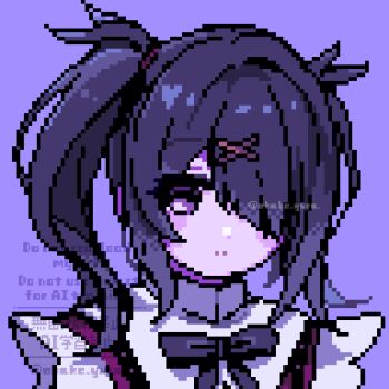 Rule 34 | 1girl, ame-chan (needy girl overdose), black hair, commentary, diagonal bangs, hair ornament, hair over one eye, highres, looking at viewer, neck ribbon, needy girl overdose, obake yura, pixel art, portrait, red shirt, ribbon, shirt, short twintails, sidelocks, solo, suspenders, symbol-only commentary, twintails, winged sleeves, x hair ornament