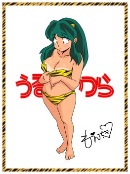 1girl bikini breasts cleavage cone_horns green_hair highres horns large_breasts lum moechiki retro_artstyle signature solo sweatdrop swimsuit tan tanline_peek tiger_stripes top_pull urusei_yatsura