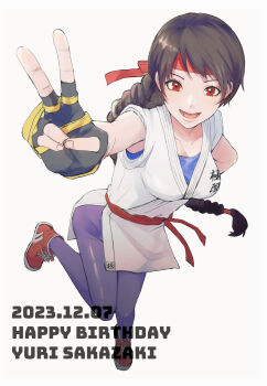 1girl arm_behind_back belt black_gloves braid breasts brown_hair commentary_request dated dougi fingerless_gloves gloves happy_birthday headband highres large_breasts leggings long_hair looking_at_viewer martial_arts_belt nahogiisio open_mouth purple_leggings red_belt red_eyes red_headband red_shoes ryuuko_no_ken shoes simple_background single_braid sleeves_rolled_up smile sneakers solo spandex standing standing_on_one_leg the_king_of_fighters v white_background yuri_sakazaki