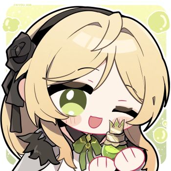 Rule 34 | 1girl, black flower, black hairband, black rose, blonde hair, chibi, chibi only, chinese commentary, commentary request, daphne (duet night abyss), duet night abyss, flower, green eyes, hair flower, hair ornament, hairband, highres, holding, kyou 039, long hair, looking at viewer, one eye closed, open mouth, rose, smile, solo, twitter username, upper body