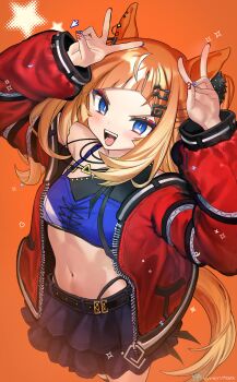 1girl animal_ears black_skirt blue_eyes blue_sports_bra blush breasts commentary_request double_v espoir_city_(red_devil_gear)_(umamusume) espoir_city_(umamusume) gold_buckle hair_ornament highres horse_ears horse_girl horse_tail jacket long_hair looking_at_viewer midriff multicolored_hair multicolored_nails navel nerutora open_mouth orange_hair panty_straps red_jacket skirt small_breasts smile solo sports_bra star_(symbol) tail teeth umamusume v