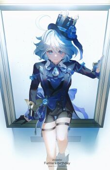 1girl ahoge asymmetrical_gloves back_bow black_coat black_gloves black_shorts blue_bow blue_hair blue_hat blue_ribbon bow coat colored_inner_hair dated english_text furina_(genshin_impact) genshin_impact gloves half_gloves hat hat_ribbon heterochromia highres long_sleeves looking_at_viewer mismatched_gloves multicolored_hair picture_frame ribbon short_hair shorts simple_background solo tailcoat thigh_strap top_hat vision_(genshin_impact) white_background white_gloves white_hair yukiusagi_(snowrabbit0508)