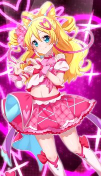 Rule 34 | 1girl, absurdres, arm warmers, bare shoulders, beads, blonde hair, blue eyes, blush, bow, bow-shaped hair, bow choker, choker, closed mouth, collarbone, commentary request, crop top, cure idol, detached sleeves, drill hair, earrings, four-finger heart hands, hair beads, hair between eyes, hair ornament, hair ribbon, hairband, headset, heart, heart earrings, heart hair ornament, heart hands, highres, idol, idol clothes, idol heart brooch (precure), idol heart incom, jewelry, kimi to idol precure, long hair, looking at viewer, magical girl, midriff, multicolored hair, multiple earrings, myarikuru, navel, pink bow, pink hair, pink nails, pink ribbon, pink shirt, pink skirt, pink theme, pink wrist cuffs, plaid bow, plaid ribbon, precure, puffy detached sleeves, puffy sleeves, red bow, red choker, ribbon, sakura uta (precure), scrunchie, shirt, shirt bow, single arm warmer, skirt, smile, solo, stomach, streaked hair, twintails, two-tone hair, watermark, white hairband, wrist cuffs, wrist scrunchie