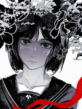 Rule 34 | 1girl, axelstool, black eyes, black flower, black hair, closed mouth, collarbone, commentary, english commentary, eyelashes, flower, highres, parted bangs, shimizu hinako, short hair, silent hill (series), silent hill f, solo, upper body, white background