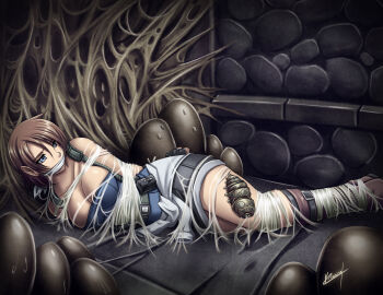 1girl black_gloves black_skirt blue_eyes blue_tube_top boots breasts brown_boots brown_hair bug cleavage cloth_gag commission egg fingerless_gloves gag gagged gloves highres improvised_gag jill_valentine karosu_maker larva lying miniskirt on_side peril resident_evil resident_evil_3:_nemesis restrained short_hair signature skirt strapless tube_top