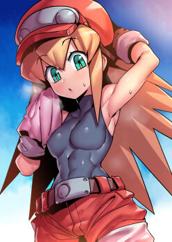 1girl armpits arms_up blush bodysuit breasts newsboy_cap gloves green_eyes hat highres jacket long_hair looking_at_viewer mega_man_(series) mega_man_legends_(series) red_hat red_shorts roll_caskett_(mega_man) shorts simple_background skin_tight small_breasts solo steam sweat tukiwani