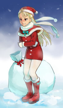 1girl b_suke blonde_hair boots capcom_fighting_jam capelet cold commentary_request dress earrings full_body fur-trimmed_capelet fur_trim gloves hairpods hat highres ingrid_(capcom) jewelry knee_boots pantyhose red_boots red_capelet red_eyes sack santa_costume santa_dress santa_hat scarf short_dress snow solo white_gloves white_pantyhose white_scarf