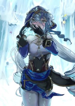 1girl bare_shoulders black_gloves blue_hair blue_hood blue_sleeves bracelet breasts bright_pupils claw_ring commentary cowboy_shot detached_sleeves drill_hair drill_sidelocks floating frost genshin_impact gloves gold_shoes gold_trim hand_on_own_face high_heels highres hood hood_up jewelry juliet_sleeves knees_up layla_(genshin_impact) long_hair long_sleeves pantyhose pointy_ears puffy_sleeves shirt shoes sidelocks small_breasts solo thighlet twin_drills uwaaatsutsuaa very_long_hair wet wet_clothes white_pantyhose white_pupils white_shirt yellow_eyes