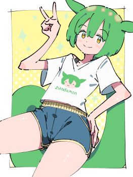 blue_shorts blush border bra_strap commentary cowboy_shot dolphin_shorts dot_nose double-parted_bangs green_eyes green_hair hand_on_own_hip hand_up highres looking_at_viewer midriff_peek moqrin777 ponytail shirt short_hair short_sleeves shorts sparkle split_mouth thighs untranslatable_commentary v voiceroid white_border white_shirt yellow_background yellow_trim zundamon