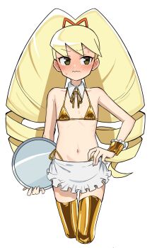 1girl apron bare_shoulders bikini blonde_hair collarbone cropped_legs detached_collar detached_sleeves drill_hair facing_viewer flat_chest gold_bikini gold_ribbon gold_thighhighs gold_wrist_cuffs hair_ribbon highres holding holding_tray loli long_hair looking_to_the_side luna_platz_(mega_man) maid maid_apron mega_man_(series) mega_man_star_force_(series) micro_bikini navel neck_ribbon ogi_non red_ribbon ribbon ribs short_apron side-tie_bikini_bottom skinny solo sweatdrop swimsuit thighhighs tray twin_drills wavy_mouth