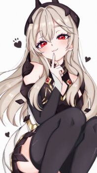 Rule 34 | 1girl, :3, armpit crease, bare shoulders, black dress, black hairband, black thighhighs, blonde hair, blush, cleavage cutout, closed mouth, clothing cutout, commentary, detached sleeves, dress, fake horns, feet out of frame, fortnite, gold trim, hair between eyes, hair intakes, hairband, heart, highres, horn hairband, horns, kurerin, lexa (fortnite), long hair, looking at viewer, princess lexa, red eyes, simple background, smile, solo, squatting, thighhighs, v, white background