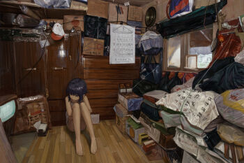 1girl absurdly_detailed_composition an_yb apple bag box calendar_(object) cardboard_box chest_of_drawers closed_mouth clothes_hanger commentary_request food fruit grey_eyes highres hugging_own_legs indoors knees_to_chest knees_up loaded_interior looking_to_the_side magnifying_glass on_floor original plastic_bag ponytail purple_hair shelf short_hair short_ponytail short_shorts shorts sitting solo tank_top television white_shorts white_tank_top wide_shot window wooden_floor