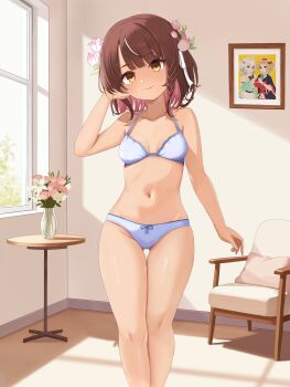 1girl 3girls absurdres bare_shoulders black_bow blonde_hair blue_bra blue_panties blush bow bra breasts brown_eyes brown_hair chair choker closed_mouth collarbone colored_inner_hair commentary condom densetsu.exe detached_sleeves dress drill_hair dzulfiqar023 english_commentary flower frills hair_bow hair_flower hair_ornament hand_in_own_hair head_tilt highres indoors jewelry lace-trimmed_sleeves lace_trim large_breasts long_hair looking_at_another looking_at_viewer medium_breasts mint_fantome multicolored_hair multiple_condoms multiple_girls panties phoebe_(vtuber) photo_(object) picture_frame pink_hair ribbon ribbon_choker short_hair sidelocks skirt smile solo standing thighhighs thighs underwear victoria_roman virtual_youtuber white_dress white_flower white_hair white_thighhighs wide_sleeves window yellow_background