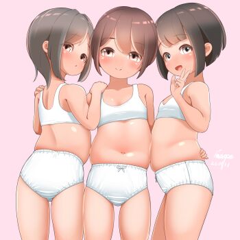 3girls ass belly black_eyes black_hair blush bow bow_panties bra breasts brown_eyes brown_hair closed_mouth hand_on_another's_shoulder loli looking_at_viewer looking_back multiple_girls navel open_mouth original pachiki8p panties pink_background plump short_hair simple_background small_breasts smile thighs training_bra underwear underwear_only v white_bra white_panties