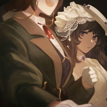 2girls absurdres black_background black_hair brown_hair dress gloves green_jacket hat head_out_of_frame highres isolde_(reverse:1999) jacket kakania_(reverse:1999) looking_to_the_side multiple_girls neck_ribbon open_mouth parted_lips purple_eyes red_ribbon reverse:1999 ribbon shirt skyregalias smile upper_body veil white_dress white_gloves white_hat white_shirt white_veil