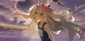 Rule 34 | 1girl, absurdres, ahoge, black halo, blue archive, breasts, demon girl, demon horns, halo, highres, hina (blue archive), hina (swimsuit) (blue archive), horns, long hair, looking at viewer, ocean, old school swimsuit, outdoors, school swimsuit, sercet, small breasts, solo, swimsuit, upper body, very long hair, whistle, whistle around neck, white hair