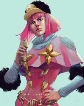 1girl belt black_hat bob_cut capelet cream_starter_(stand) dress flower gold_belt grey_sleeves hat highres hot_pants_(sbr) jojo_no_kimyou_na_bouken long_sleeves multicolored_hat pink_capelet pink_dress pink_hair stand_(jojo) steel_ball_run yellow_flower yellow_hat zookhini