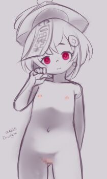 1girl censored collarbone drantyno flat_chest genshin_impact hair_ornament hat highres jiangshi loli looking_at_viewer monochrome navel nipples nude ofuda ofuda_on_head pussy qingdai_guanmao qiqi_(genshin_impact) red_eyes short_hair sketch standing