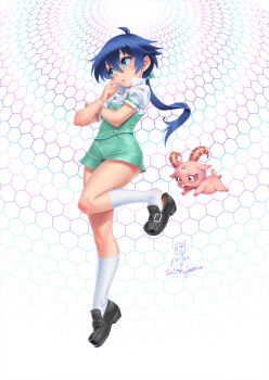 1boy 1other 2024 androgynous bare_legs blue_eyes blue_hair curvy dated full_body green_shorts grim_(dai_nana_oji) highres honeycomb_(pattern) leg_up lips lloyd_de_saloum loafers low_ponytail micro_shorts po-ju ponytail shiny_skin shoes shorts simple_background solo standing tensei_shitara_dai_nana_oji_datta_no_de:_kimama_ni_majutsu_o_kiwamemasu trap wide_hips