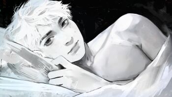 1boy aegyo_sal angela_he black_background game_cg greyscale head_on_pillow highres i_woke_up_next_to_you_again large_variant_set looking_at_viewer lying male_focus monochrome non-web_source official_art on_side painterly pillow short_hair simple_background smile toned toned_male under_covers upper_body variant_set white_hair