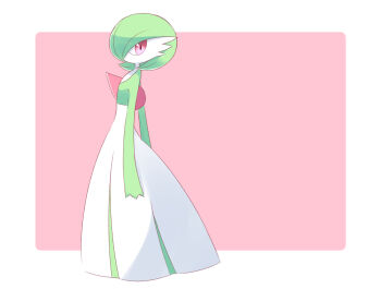 1girl 303_haru arms_at_sides bob_cut border colored_skin female_focus flat_chest from_side full_body gardevoir gen_3_pokemon green_hair green_skin hair_over_one_eye highres looking_at_viewer multicolored_skin nintendo one_eye_covered outside_border pink_background pokemon pokemon_(creature) profile red_eyes short_hair sideways_glance simple_background solo standing two-tone_skin white_border white_skin
