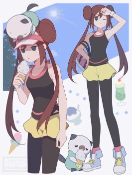 1girl 2024_pokemon_teraleak 343rone absurdres arm_up bare_shoulders black_pantyhose black_tank_top blue_eyes breasts brown_hair casteliacone closed_mouth collarbone donut_hair_bun double_bun food full_body gen_5_pokemon hair_bun hat highres holding holding_food holding_ice_cream ice_cream ice_cream_cone long_hair multiple_views nintendo on_head one_eye_closed oshawott pantyhose pantyhose_under_shorts parted_lips pokemon pokemon_(creature) pokemon_bw2 pokemon_on_head rosa_(pokemon) shorts sweat sweatdrop tank_top twintails visor_cap yellow_shorts