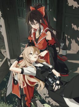 2girls ;d alternate_costume ascot black_boots black_coat black_gloves black_hair black_sleeves black_vest blonde_hair boots bottle bow buttons coat detached_sleeves fingerless_gloves gloves hair_between_eyes hair_bow hair_tubes hakurei_reimu hashtag-only_commentary highres kirisame_marisa koumajou_densetsu lap_pillow long_hair long_sleeves lying multiple_girls one_eye_closed open_mouth puffy_short_sleeves puffy_sleeves rcs_4 red_bow red_coat shadow short_sleeves sitting sleeveless sleeveless_coat smile teeth touhou upper_teeth_only vest wide_sleeves yellow_ascot yellow_eyes yin_yang yin_yang_print