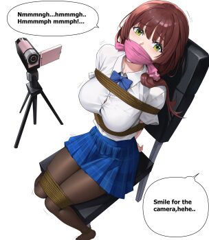 1girl absurdres bdsm black_pantyhose blue_skirt bondage bound breasts brown_hair chair chitose-kun_wa_ramune_bin_no_naka cloth_gag commission english_text gag gagged green_eyes highres improvised_gag iqbqlz kidnapped large_breasts looking_at_viewer over_the_mouse_gag pantyhose restrained scared shirt simple_background sitting skirt speech_bubble tied_to_chair uchida_yua white_background white_shirt